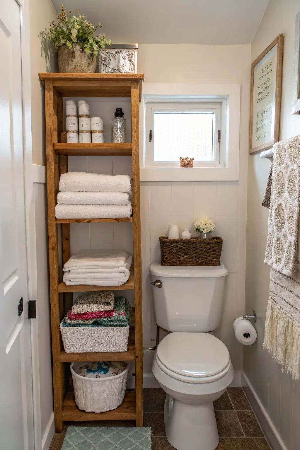 Storage above the toilet maximizes unused space in a compact bathroom.