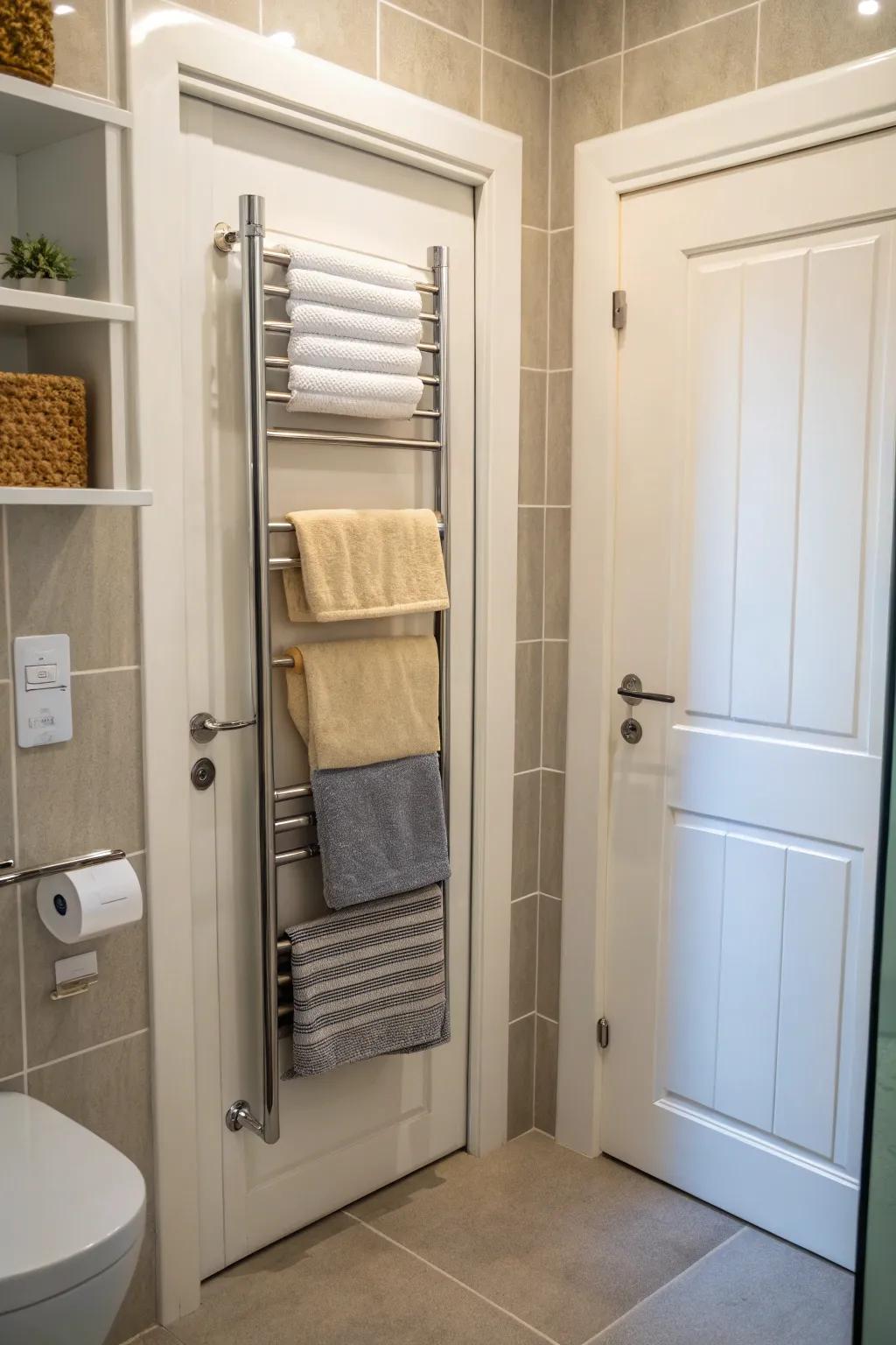 Fully utilize your bathroom door's potential with an over-the-door towel rack.