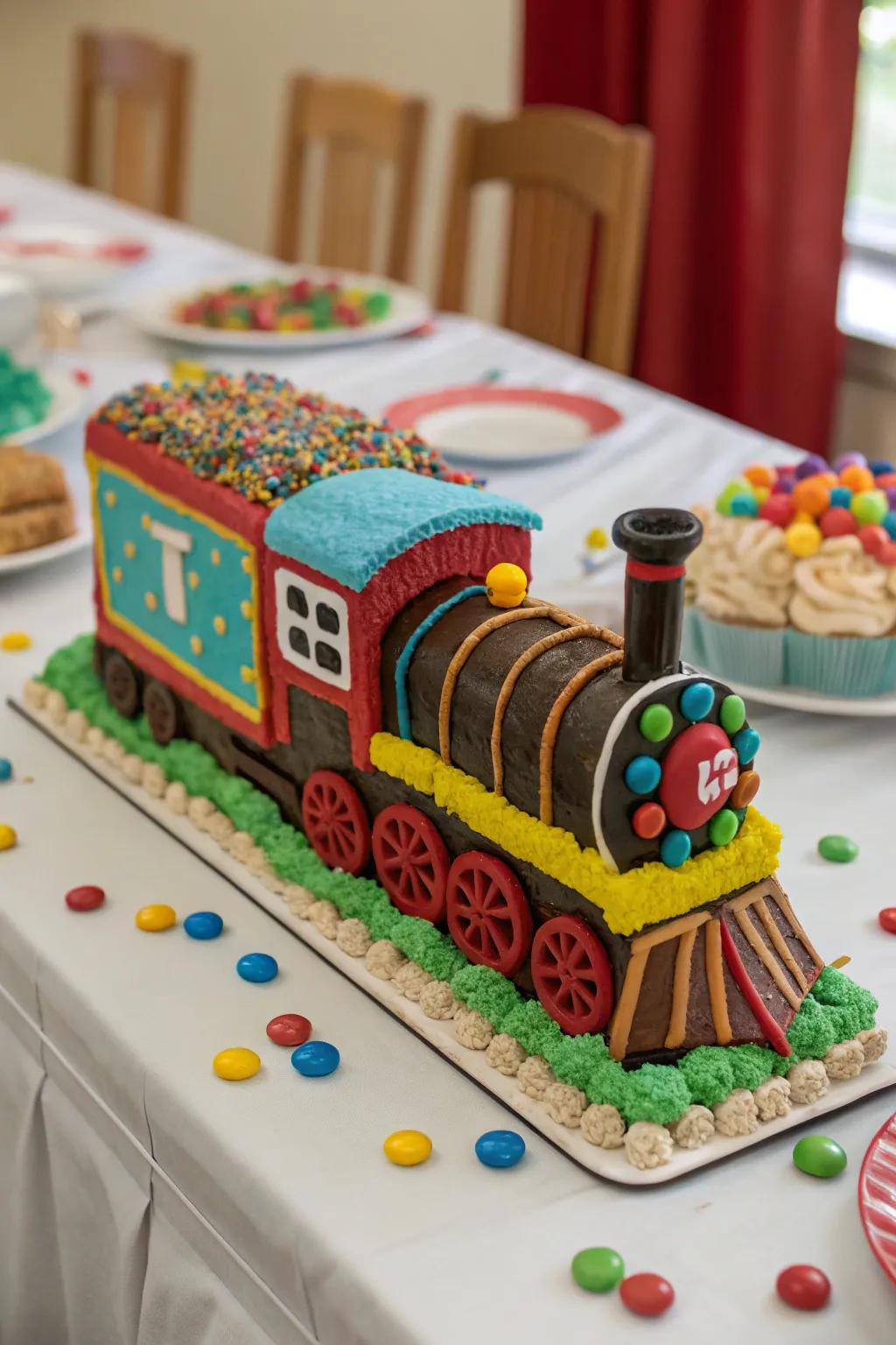 An enchanting locomotive-shaped cake becomes the center of attention.
