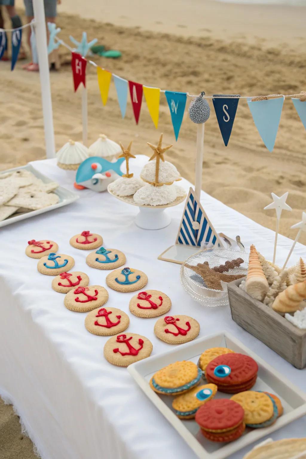 A beach-themed treat table featuring seashells and nautical treats.