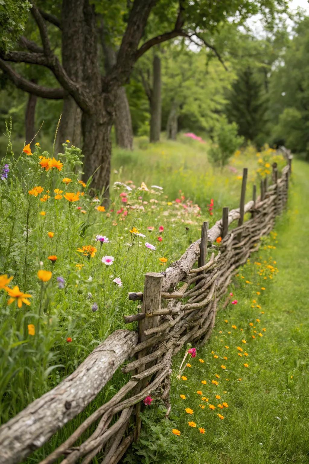 A charming branch weave fence adds rustic appeal.