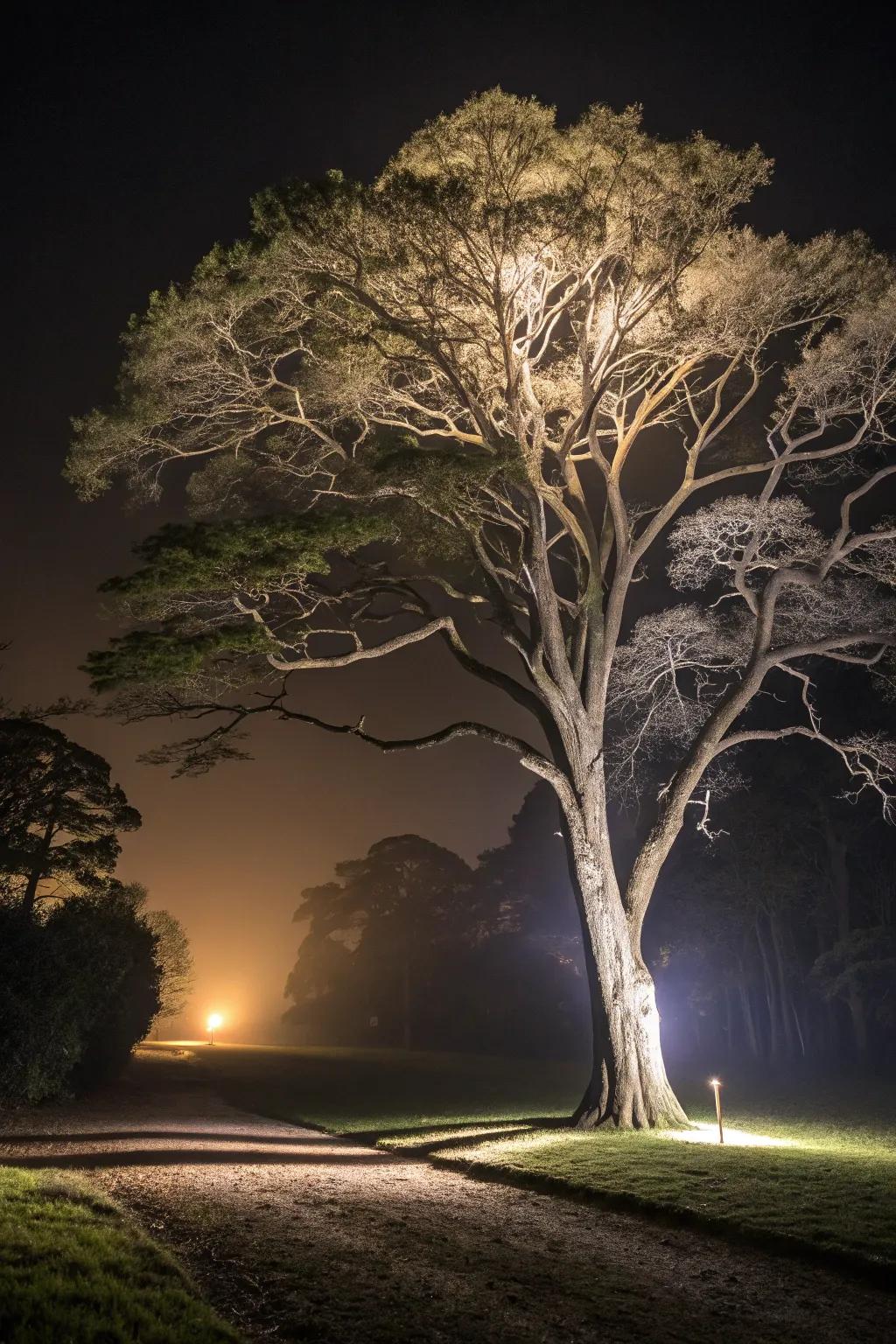 Below lighting accentuates the tree's altitude and form.