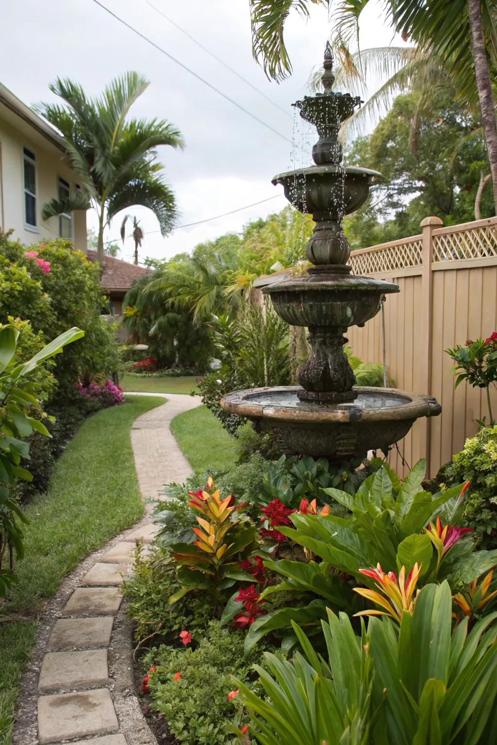 A modest spring contributes serenity and charm to a tropical garden.