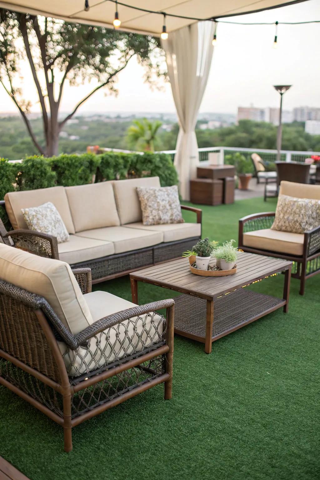 A cozy lounge set on a lawn patio.