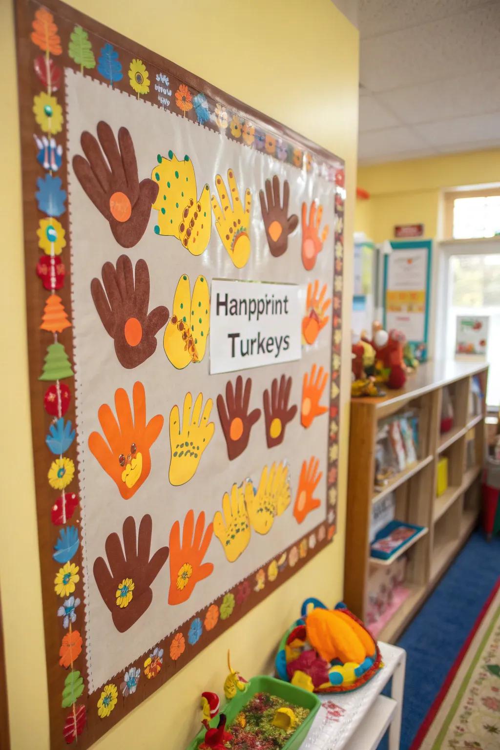 Charming handprint turkeys add a personal touch to the Thanksgiving presentation.