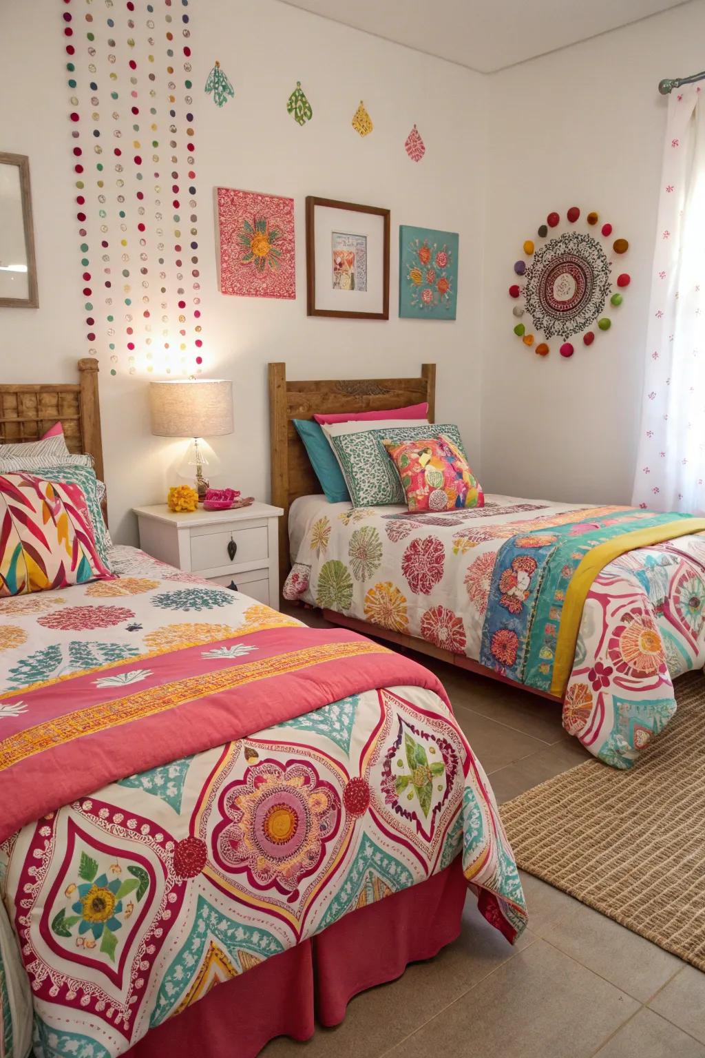 The twin room gains character from striking and colorful bedding.