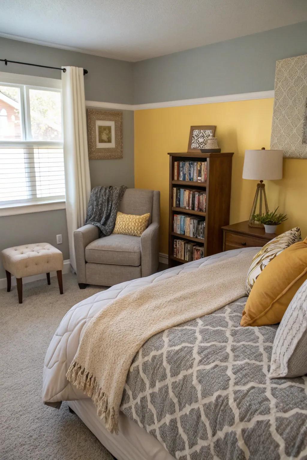 A bedroom decorated with gentle silver and soft gold walls, providing a peaceful and welcoming feel.