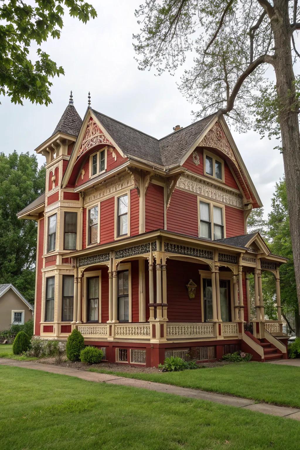 The striking red and beige siding enlivens Victorian homes with a touch of drama.