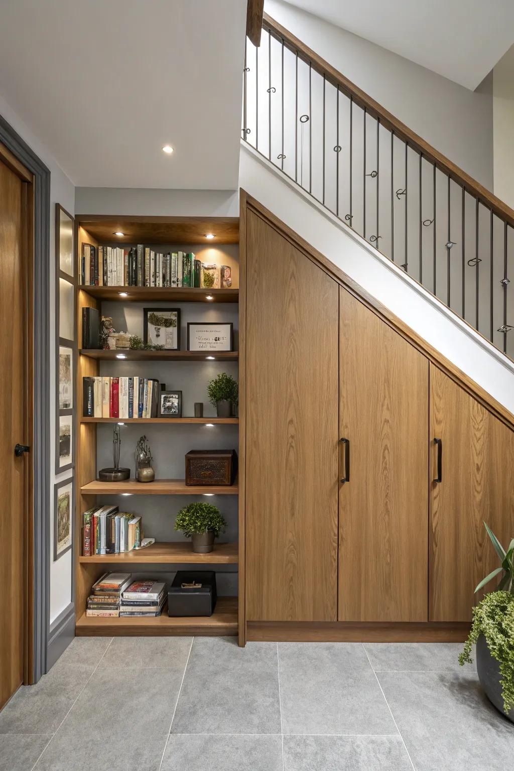 Optimize your space with elegant cabinets and shelving arrangements.