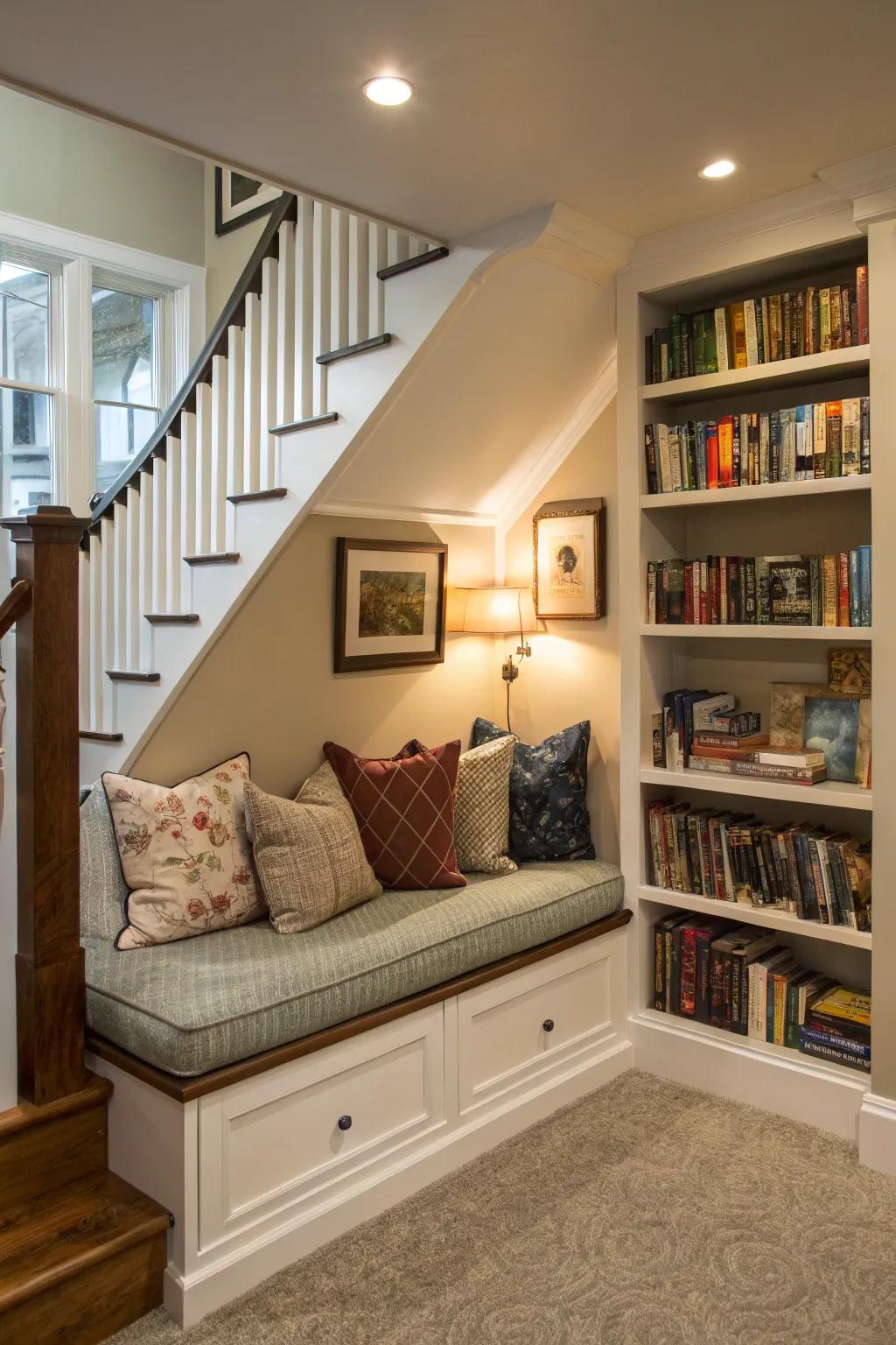 A cozy reading nook tucked away under the staircase, perfect for moments of quiet reflection.