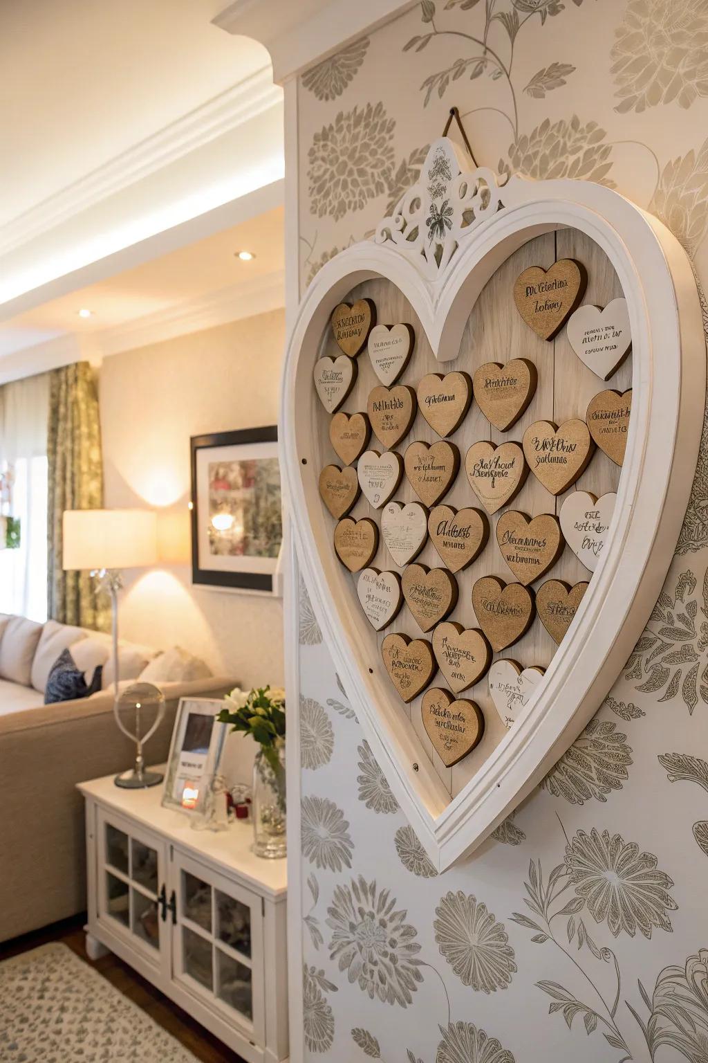 Attendees sign timber hearts, creating a beautiful wall display.