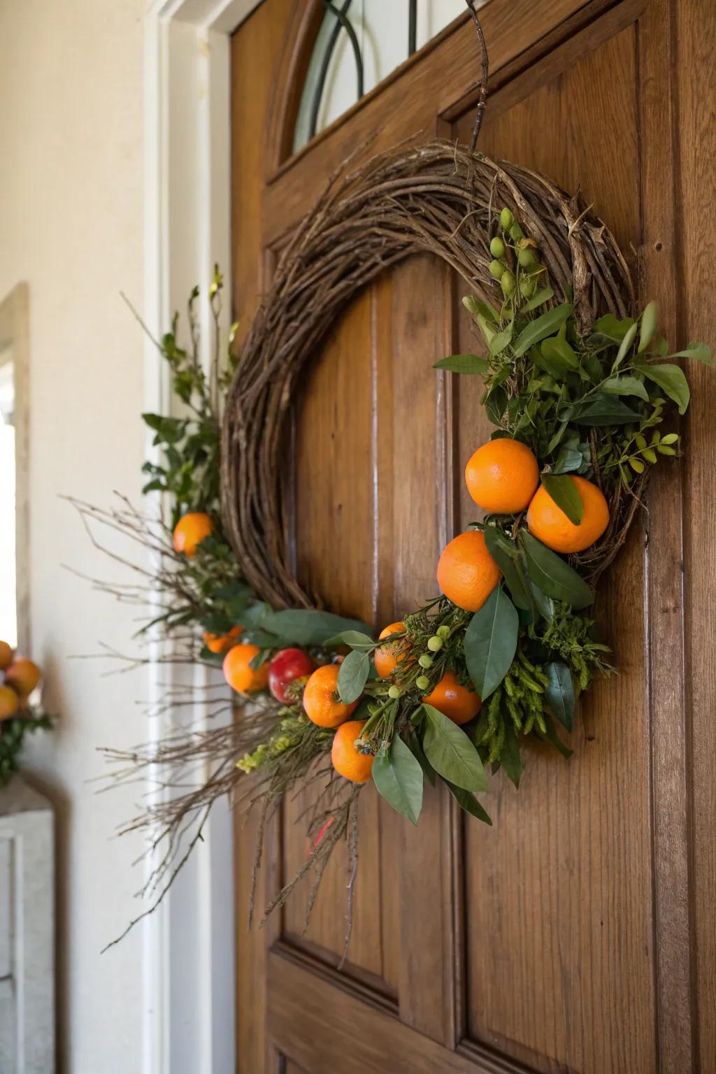 Earth tone branches meet citrus in a unique door display.