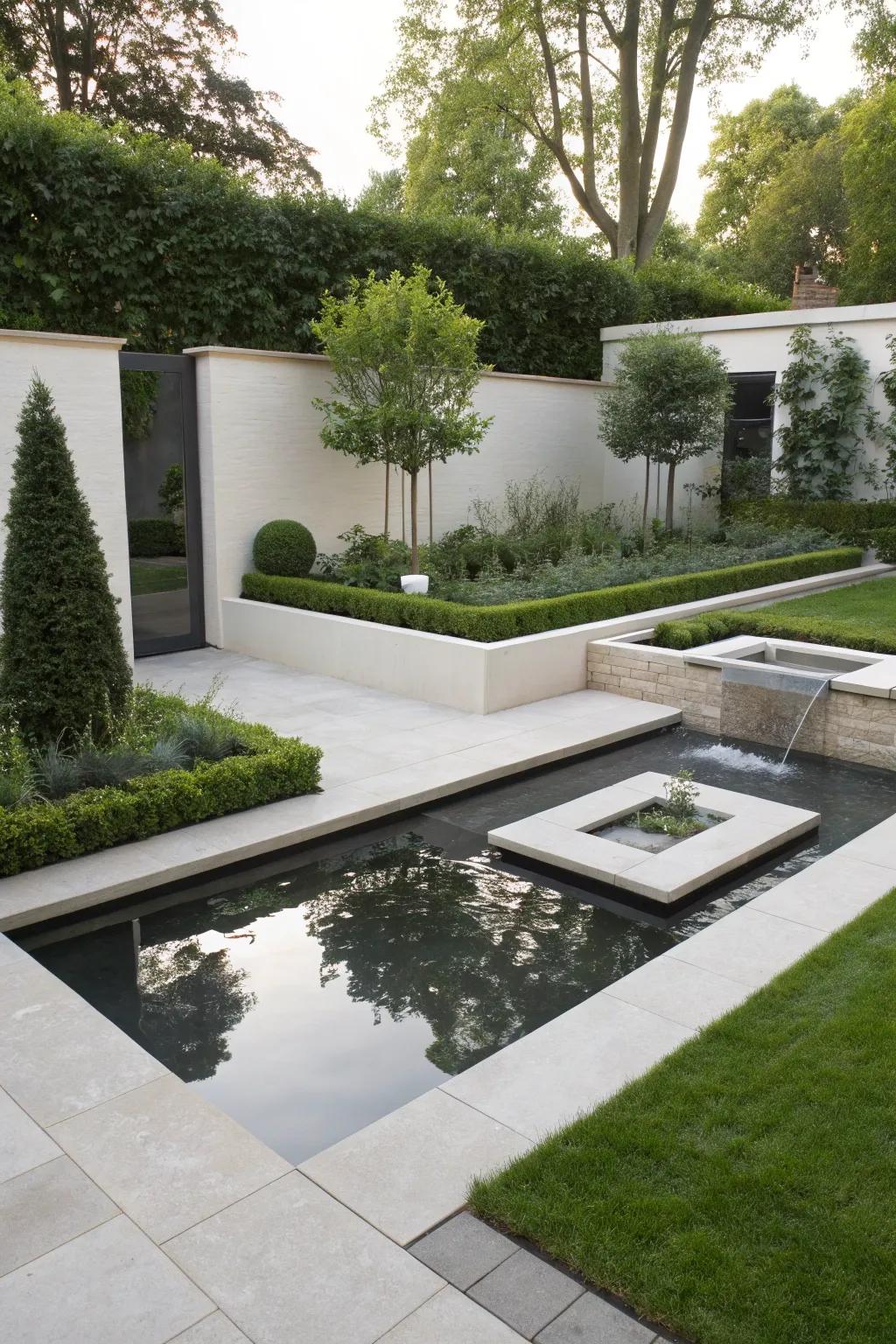 Contemporary angular water features introduce a fashionable accent.