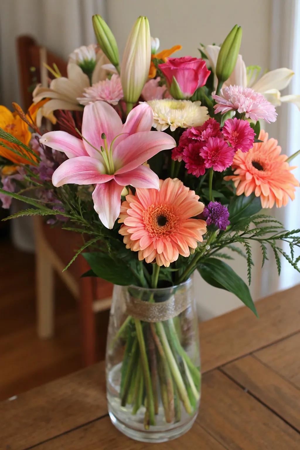 An elegant mixed bouquet in a glass vase.