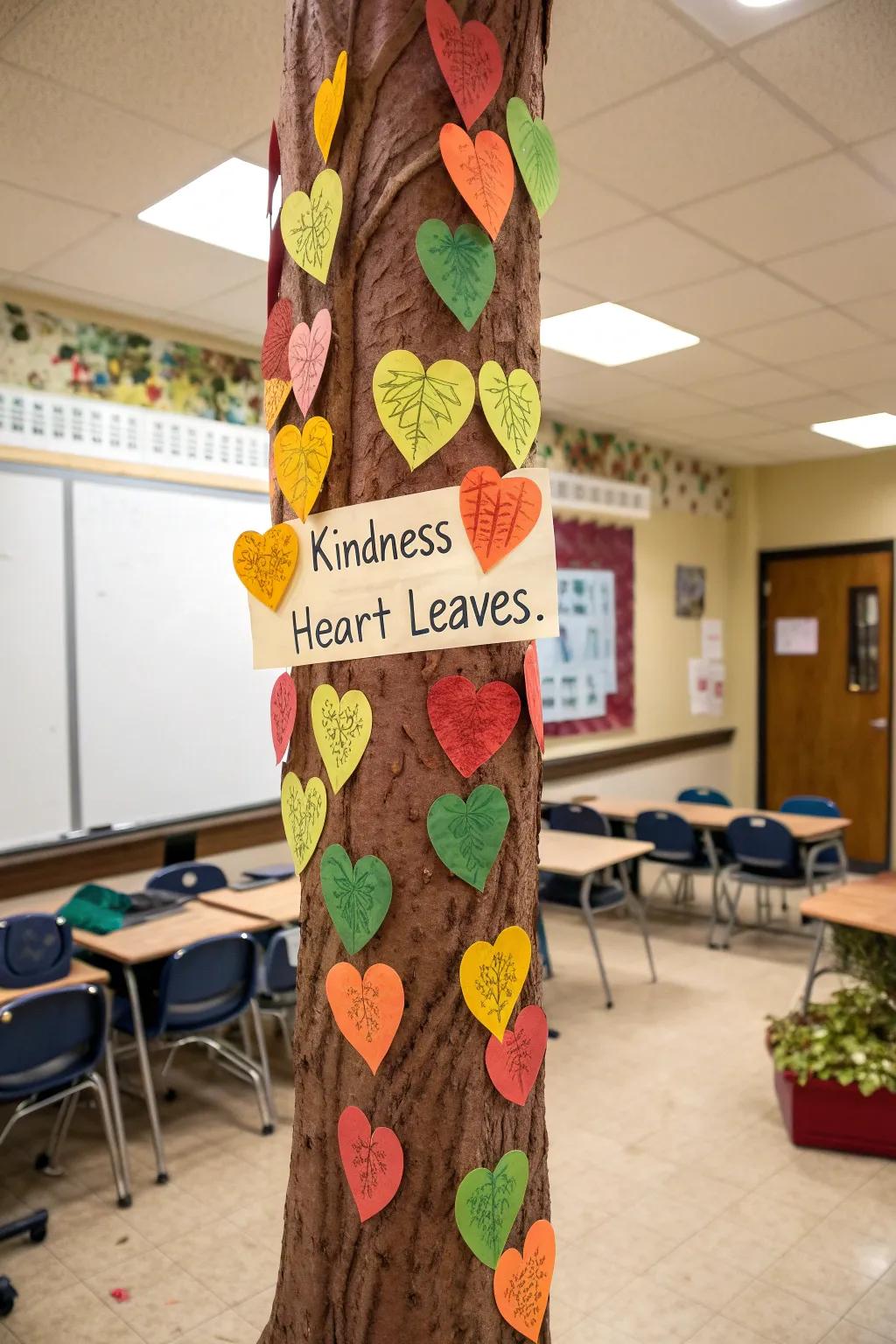 A Benevolence Arbor display showcasing heart-shaped foliage, each bearing acts of kindness.