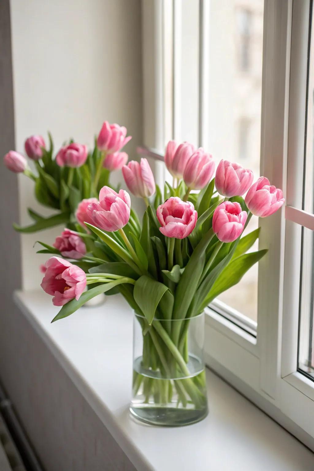 Joyful rosy tulips brightening up a space.