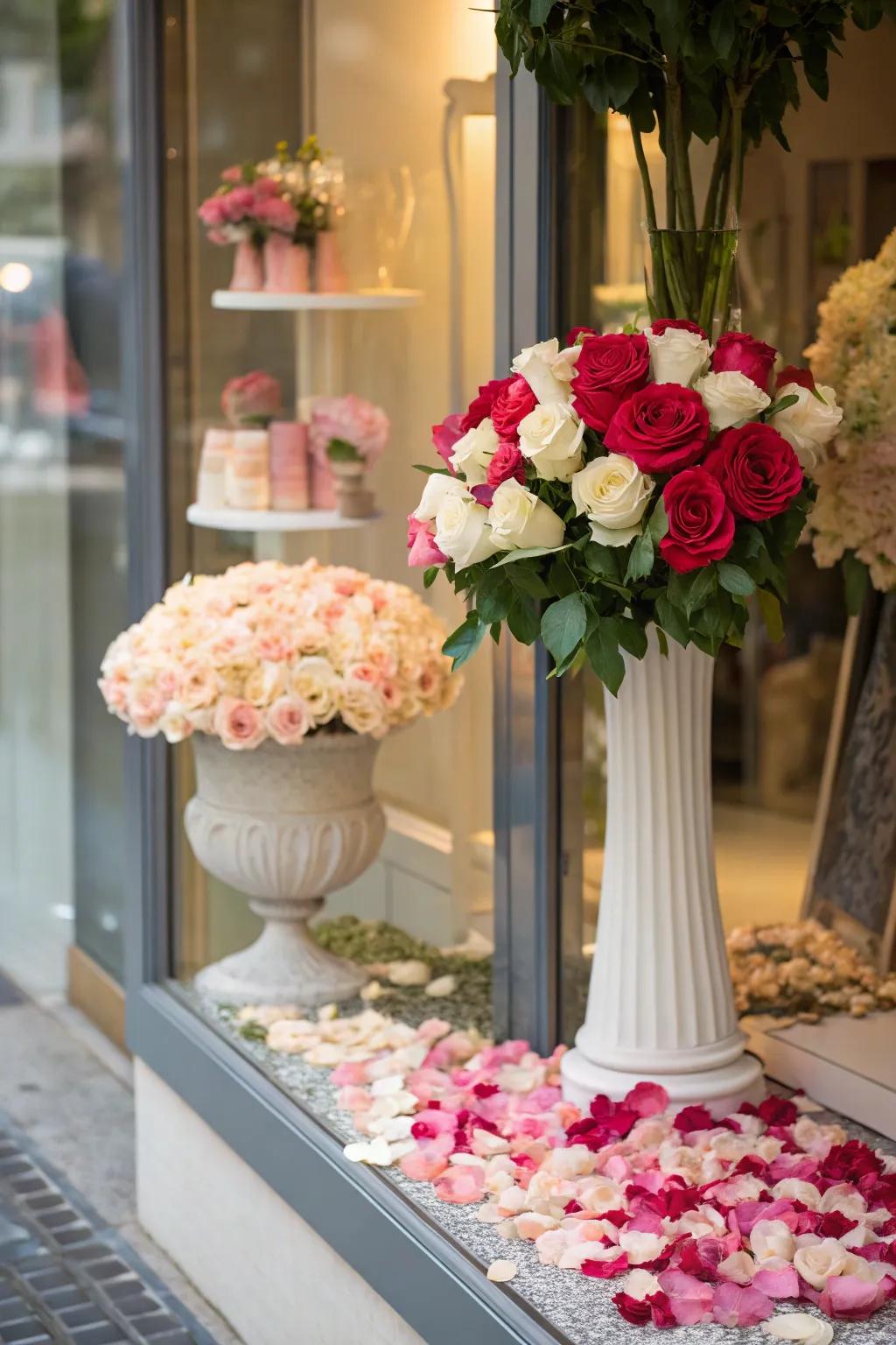 A romantic floral arrangement showcased in a shop window, designed for Valentine's Day.