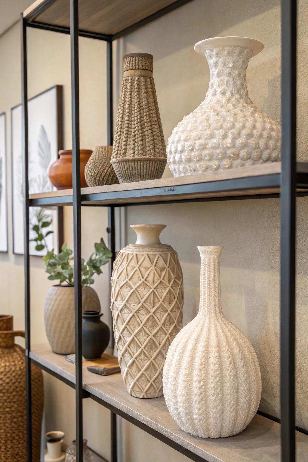 Vases with varied textures enrich a basic shelf.