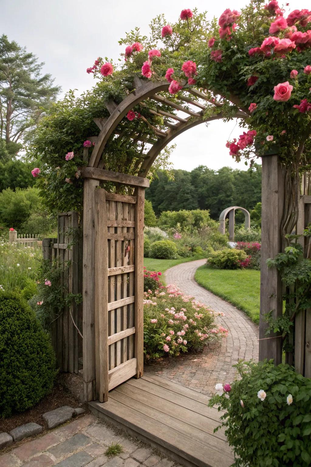 A curved floral archway lavishly cloaked in vivid blossoms.