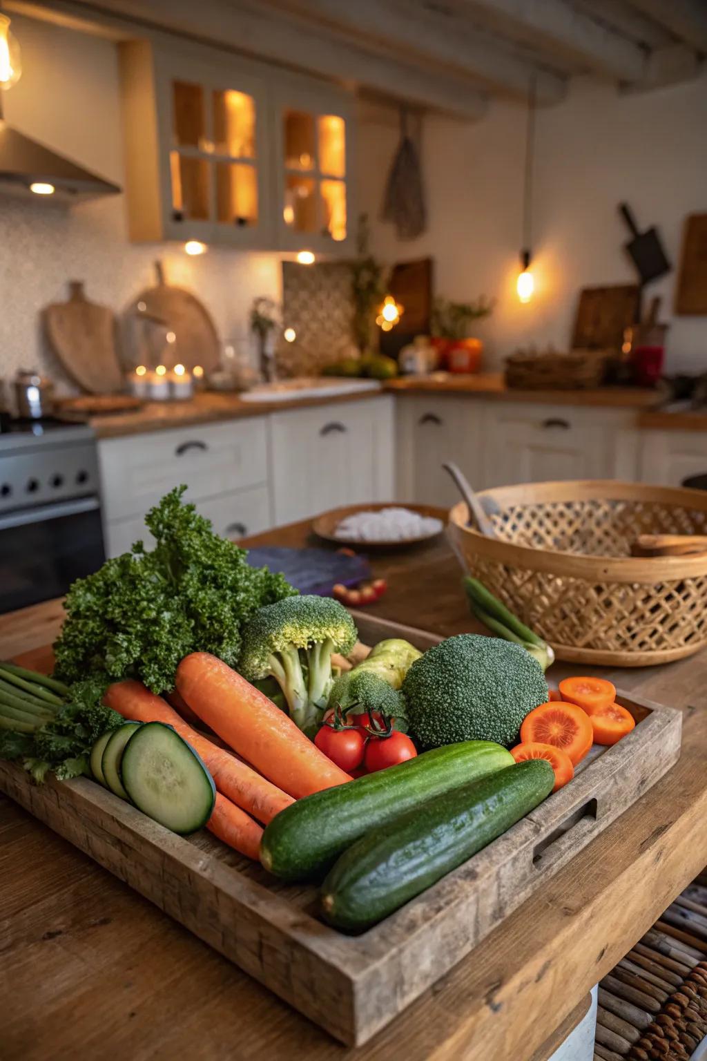Veggies served on a charming wooden surface.