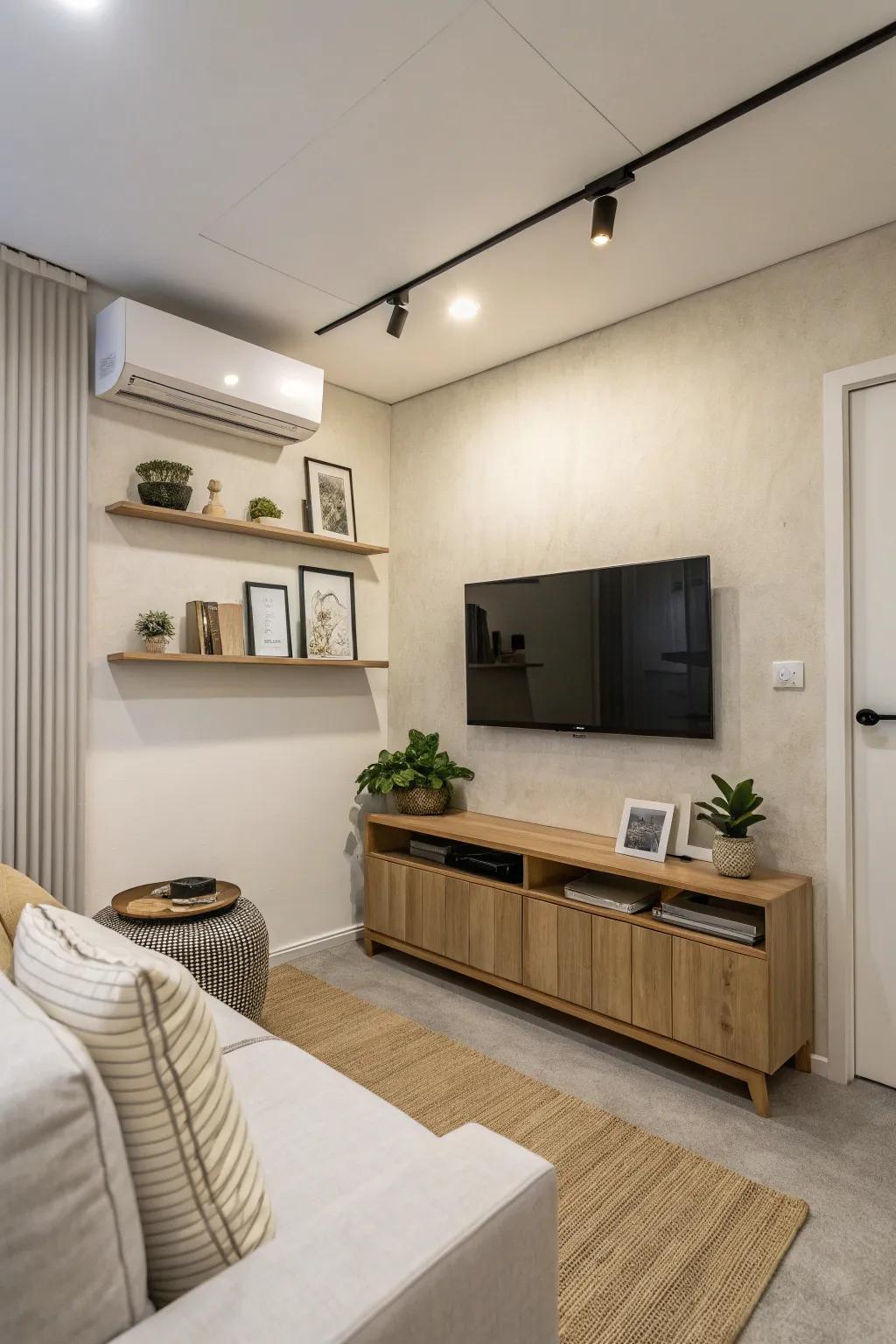 Wall-mounted TV saves area and adds a modern flair
