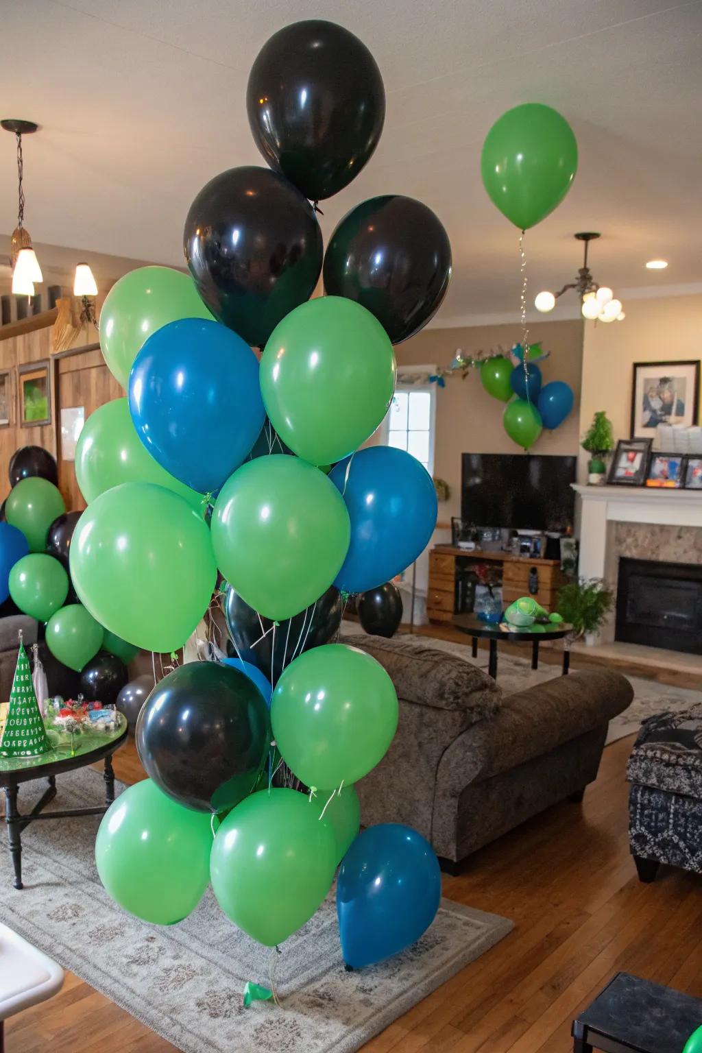 Vibrant balloons in game-inspired colors add a celebratory vibe.