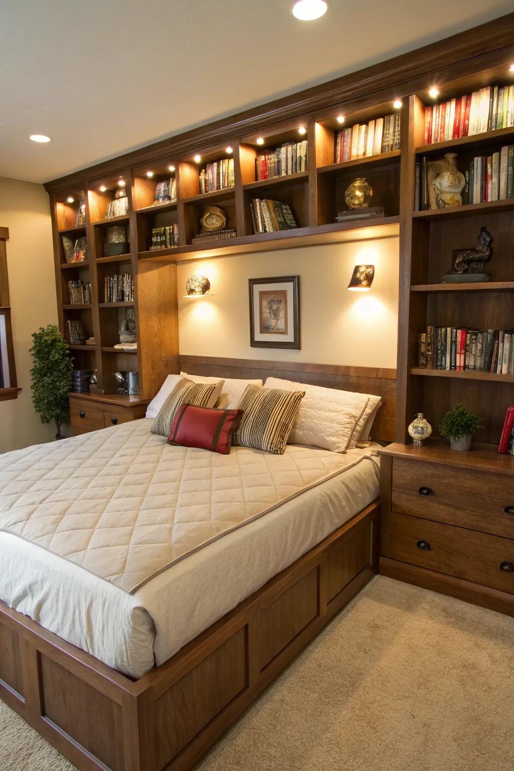 Built-in display spaces create a fusion of allure and practical organization.