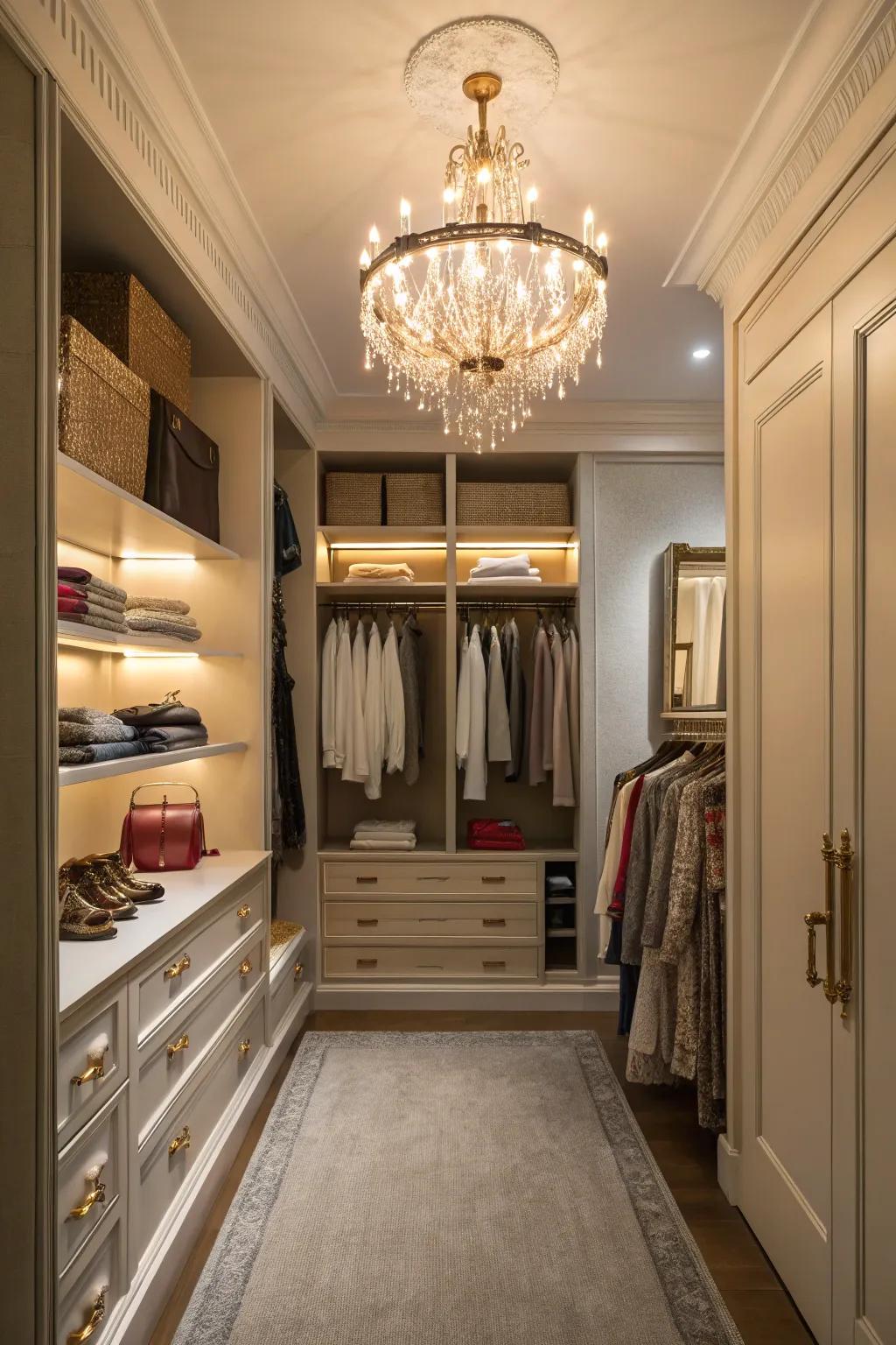 A walk-in closet brightened by a vintage chandelier, enhancing its sophisticated charm.