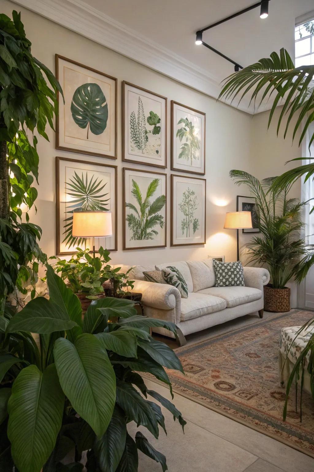 A serene living space adorned with nature-themed artwork.