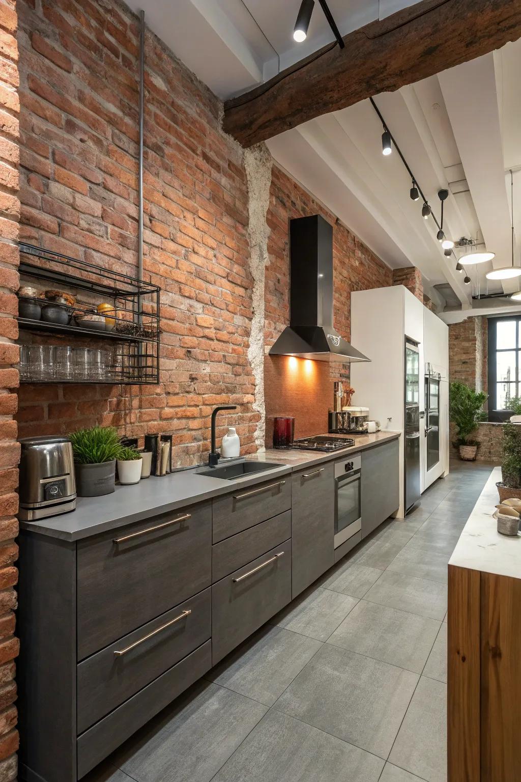 Open brick walls create a warm, inviting feeling and impart an industrial touch.
