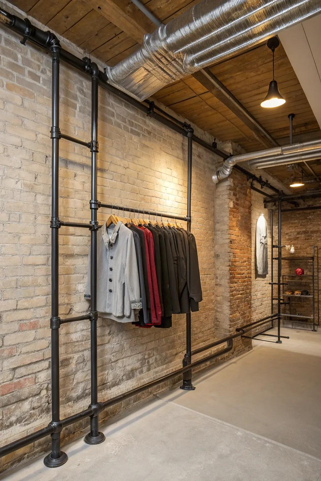 An industrial-themed space spotlighting a metal pipe wall-mounted clothing rack.