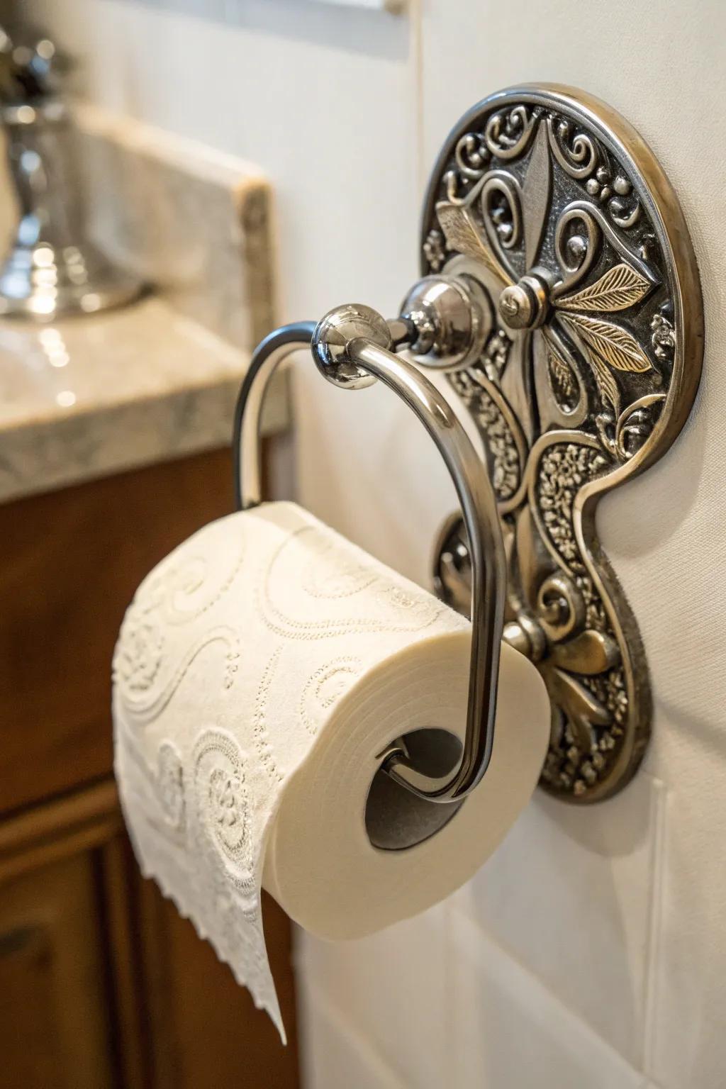 Incorporate a creative touch with artistic toilet paper storage.
