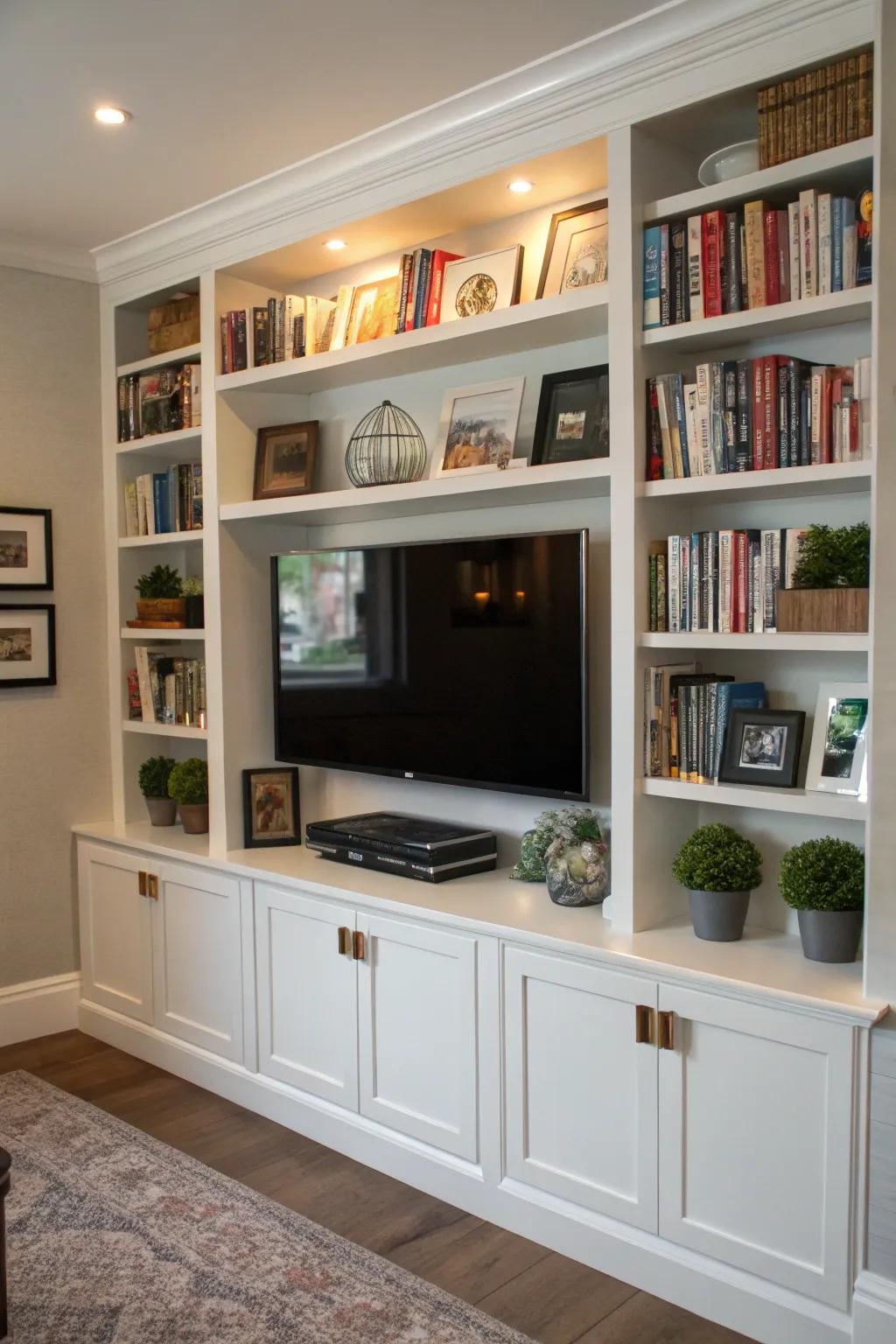 Integrated shelving provides a functional and visually coherent backdrop for your TV.