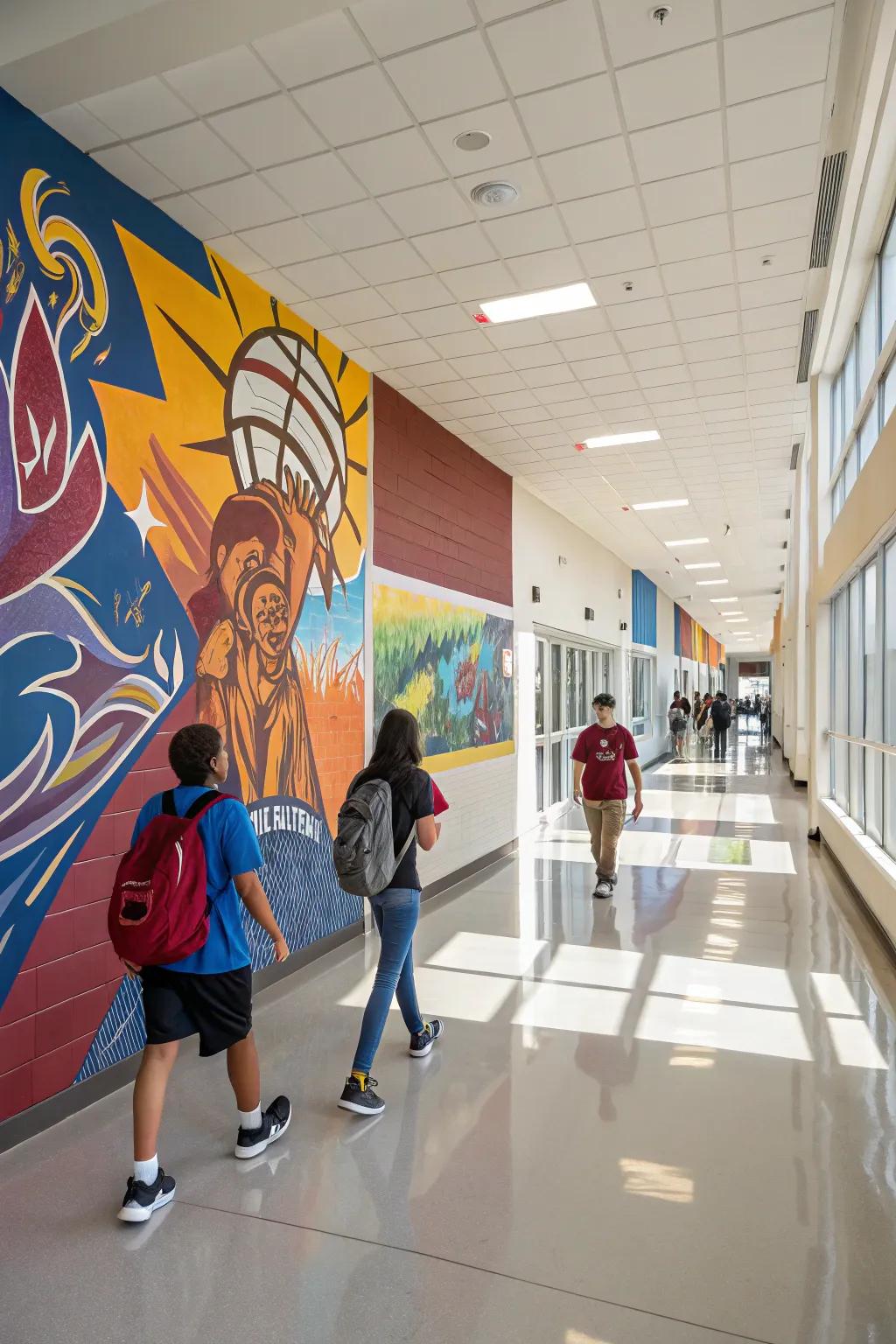 A vibrant bespoke painting infuses life and color into the school corridor.