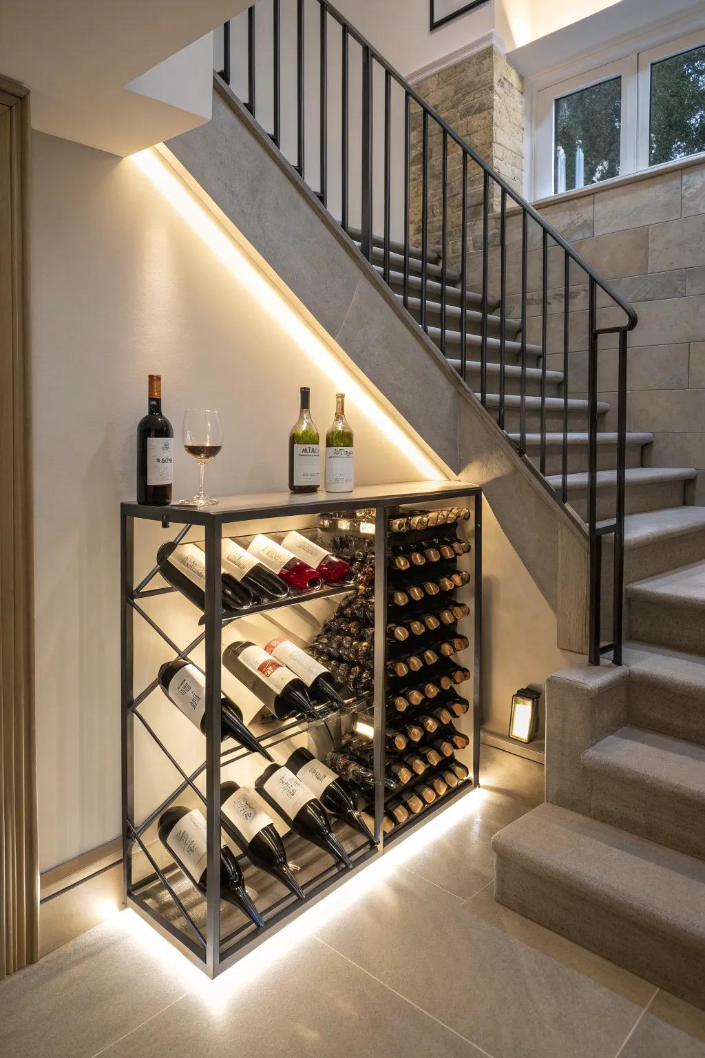 An elegant wine storage area below the stairs is perfect for hosting gatherings.