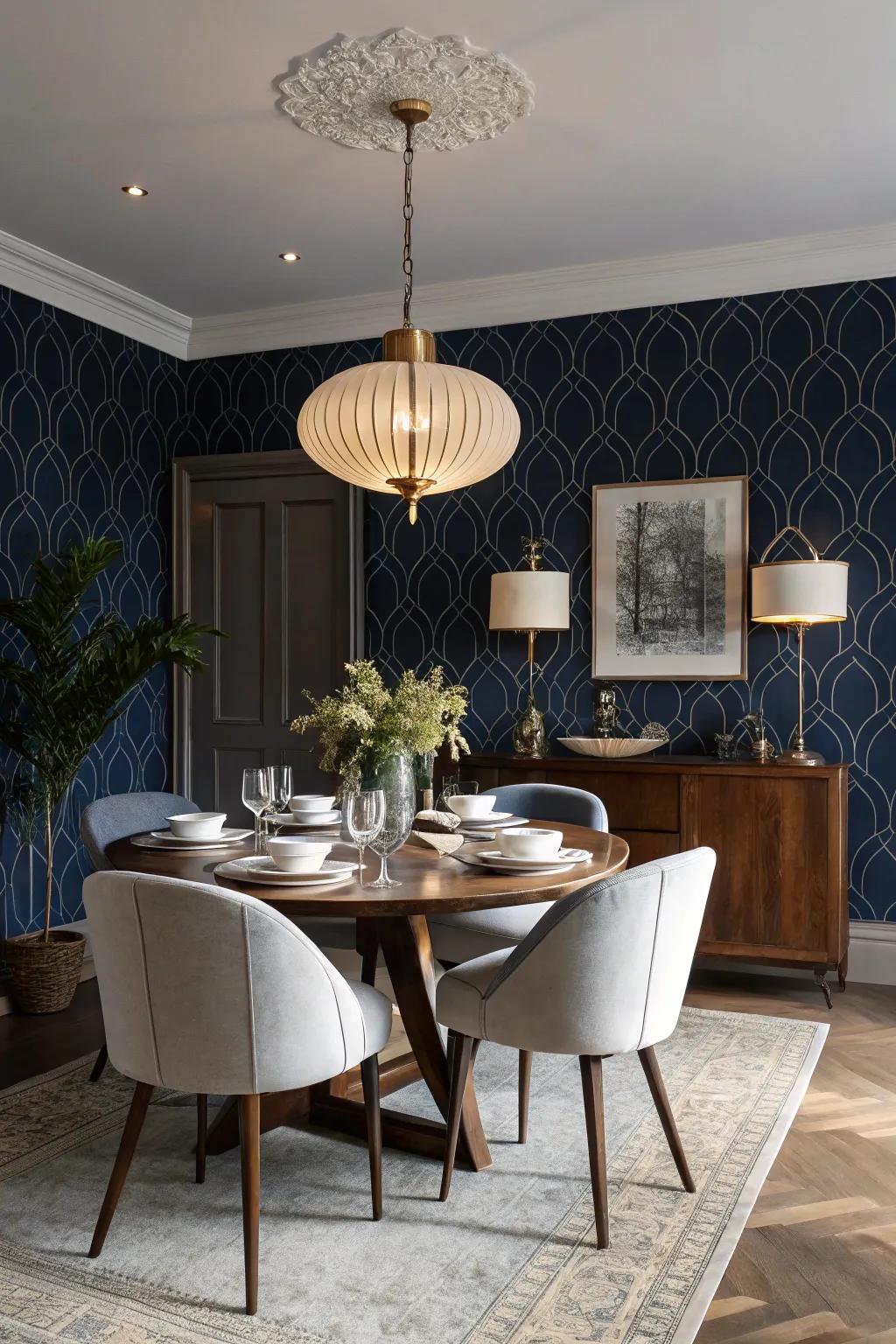 Bold wallpaper converts a dining area into a striking scene.