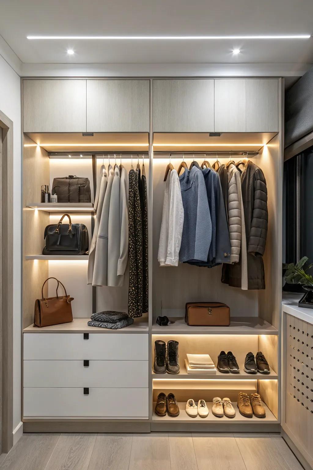 Integrated lighting transforms the wardrobe into a stylish, functional haven.