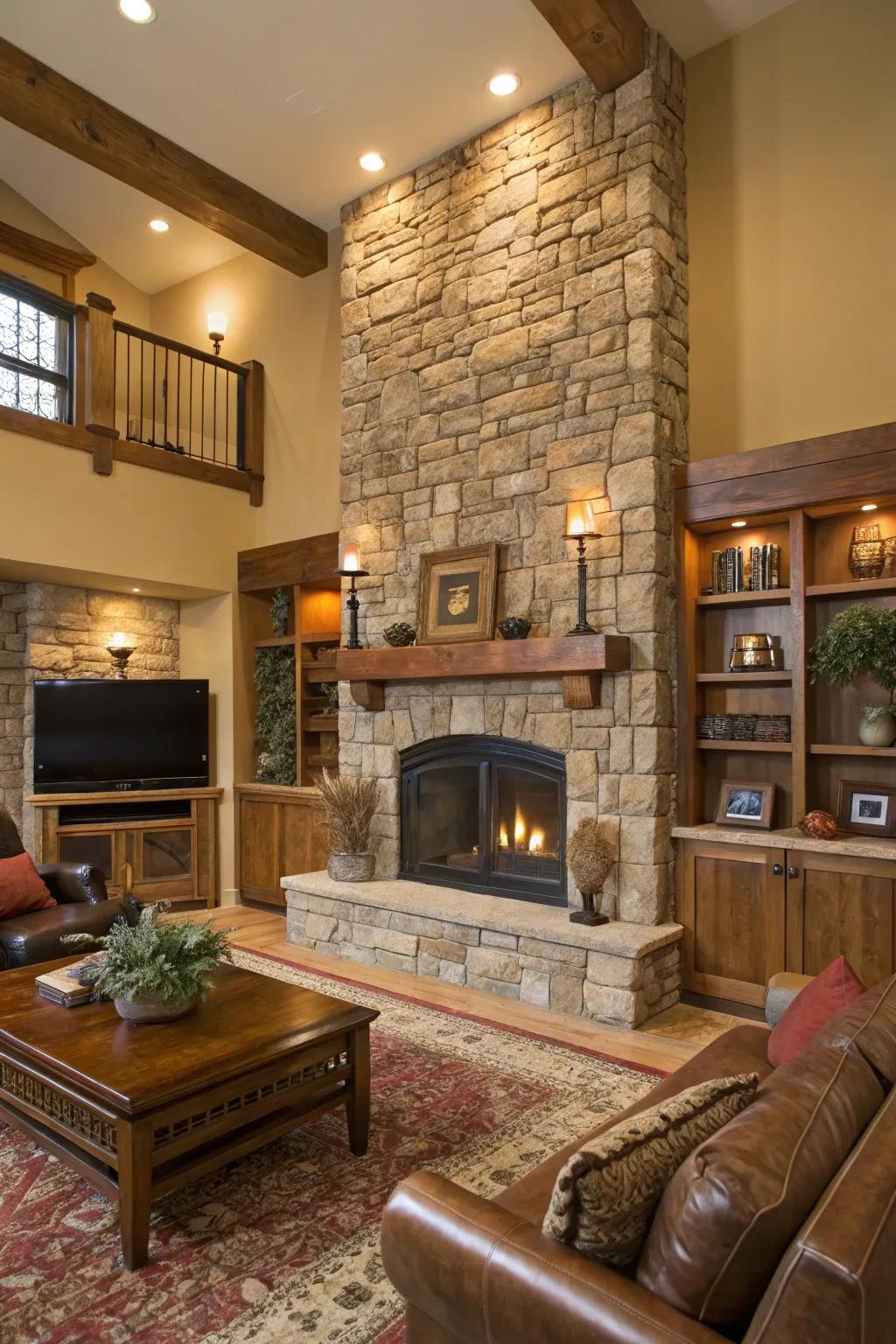 A stone hearth serves as the centerpiece in an inviting country living space.
