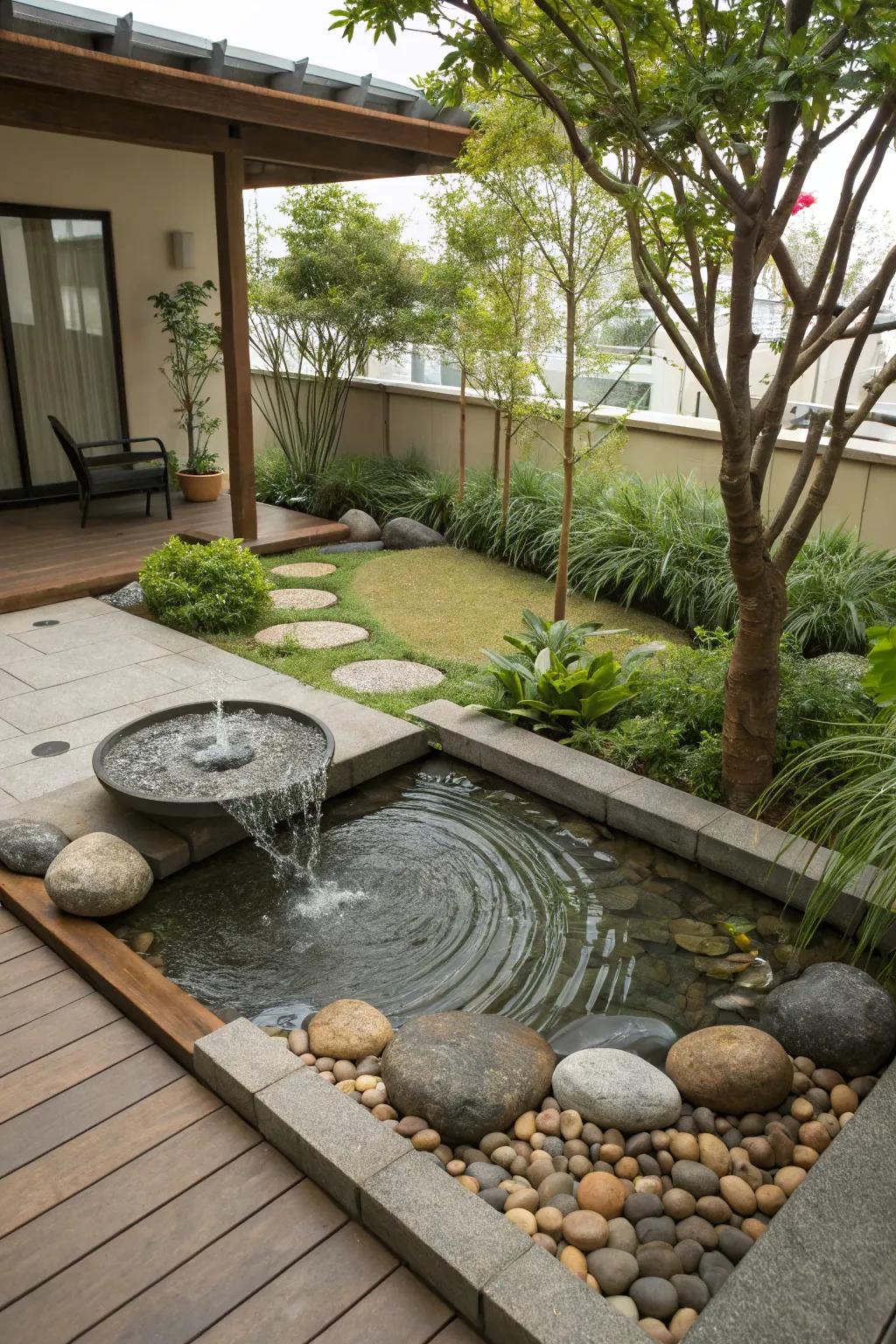 A Zen water garden forms a calming outdoor escape.