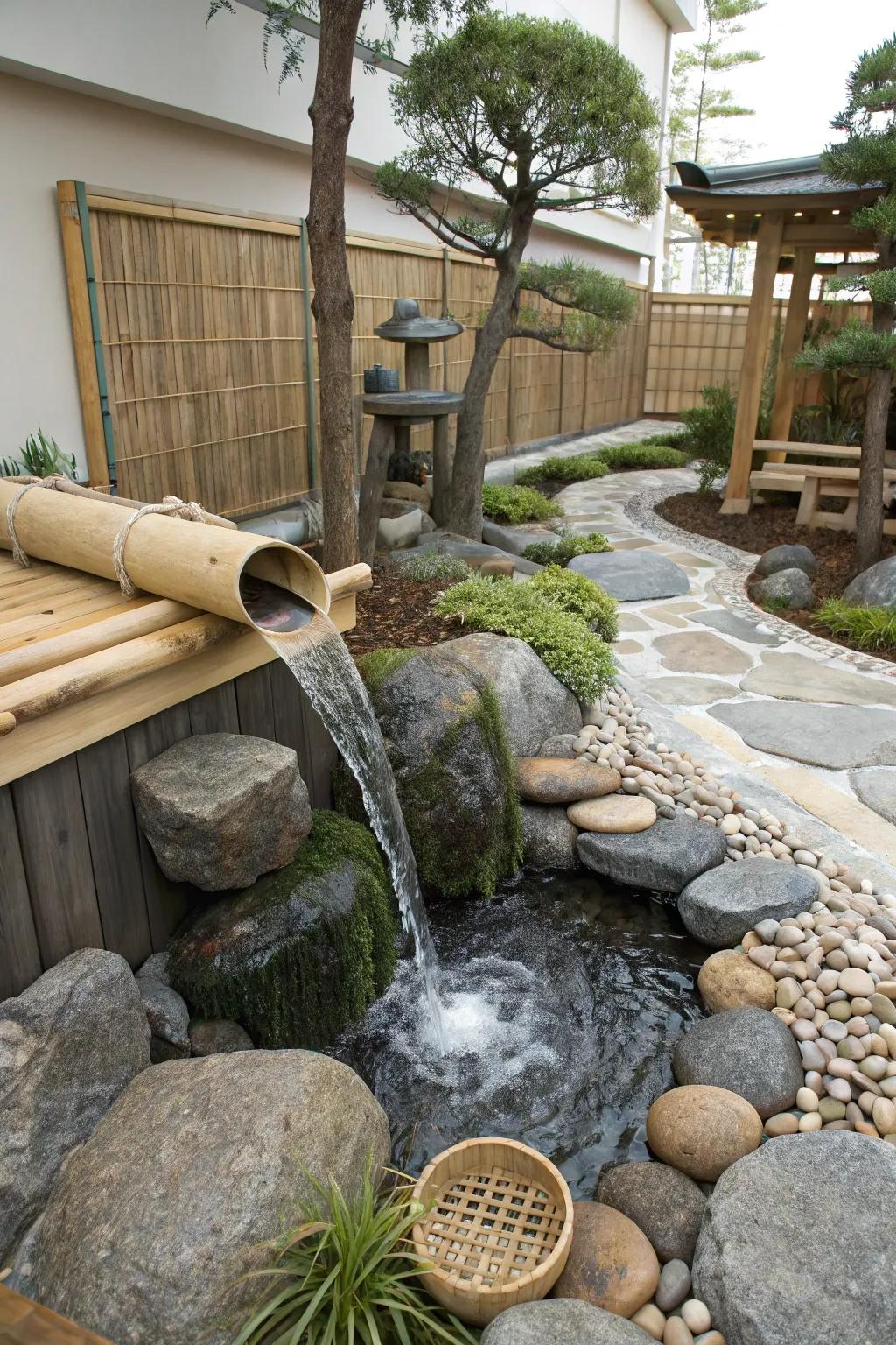 A Zen waterfall brings a contemplative aspect to a tranquil garden.