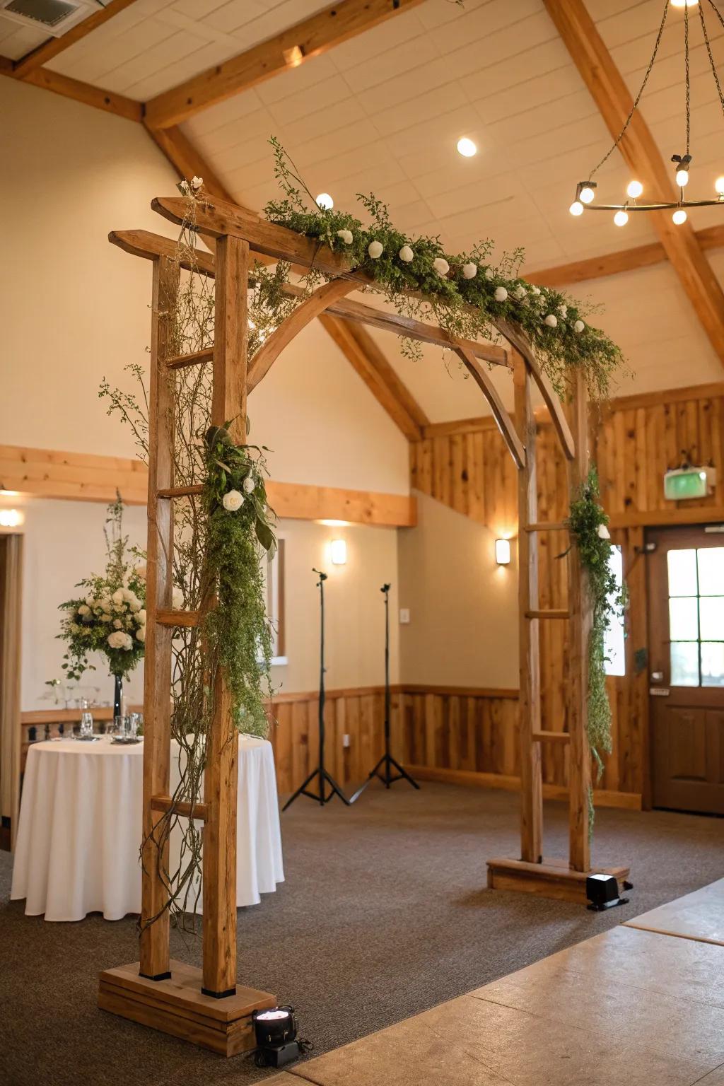 A timber arch adds coziness and character to an indoor wedding celebration.