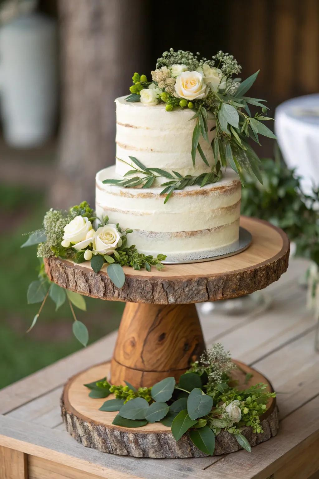 A rustic-themed cake placed on a wooden pedestal, enhanced with verdant accents.
