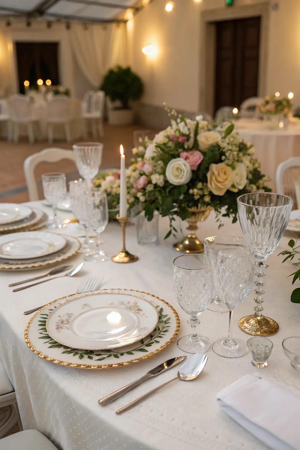 A wonderfully organized wedding table presenting superb china and drinkware, excellent for a stylish wedding gathering.