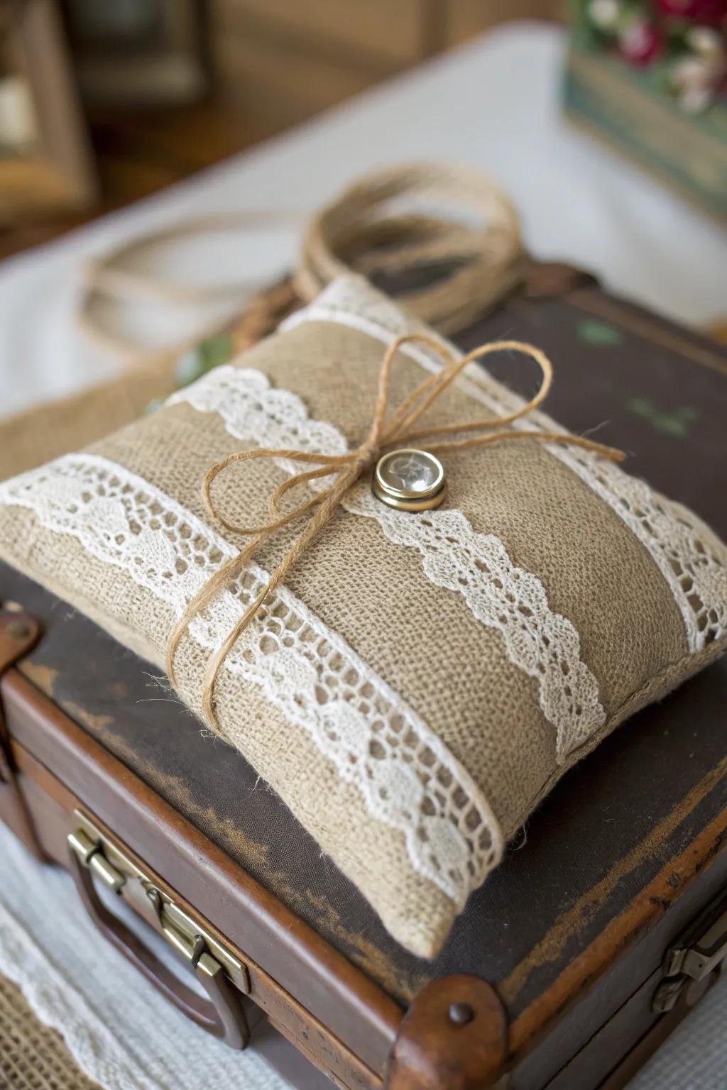 An enchanting wedding ring pillow made with burlap and lace.