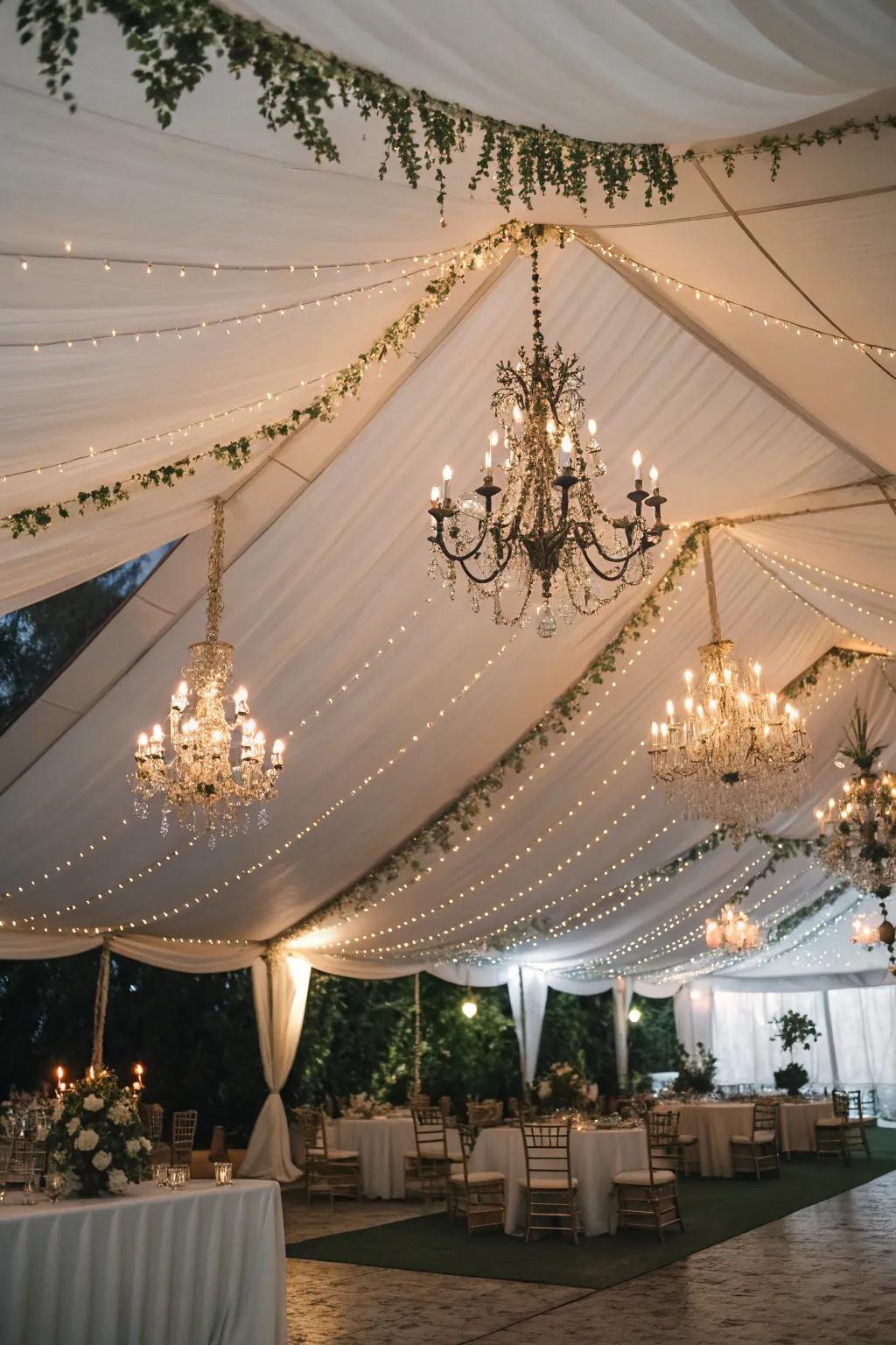 Chandeliers bestow an aura of elegance within the tent.