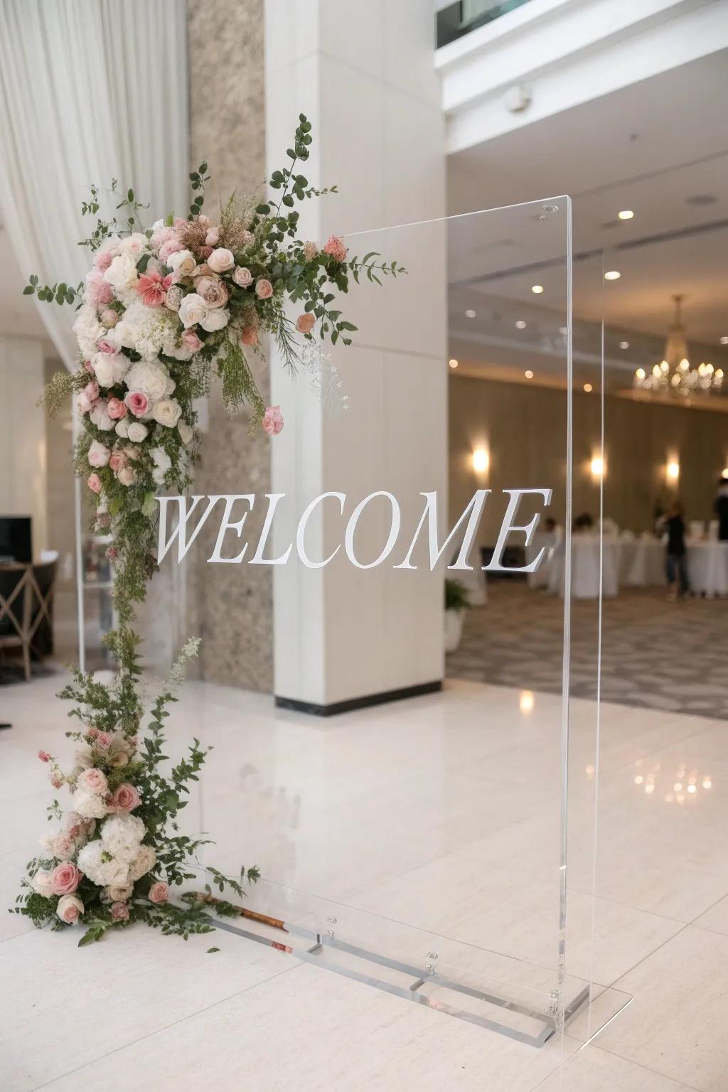 A modern acrylic welcome sign with personalized details and floral accents.