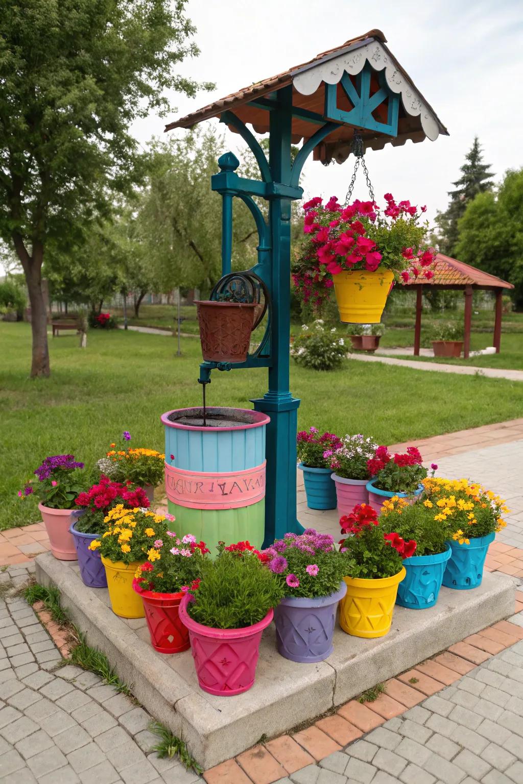 Radiant blossoms breathe life into this well cover, transforming it into a captivating water feature.