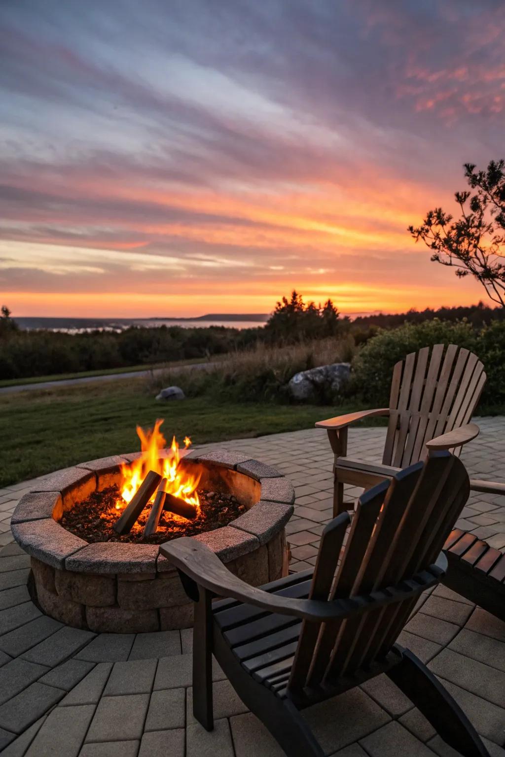 A central outdoor burner makes a warm gathering spot on the patio.