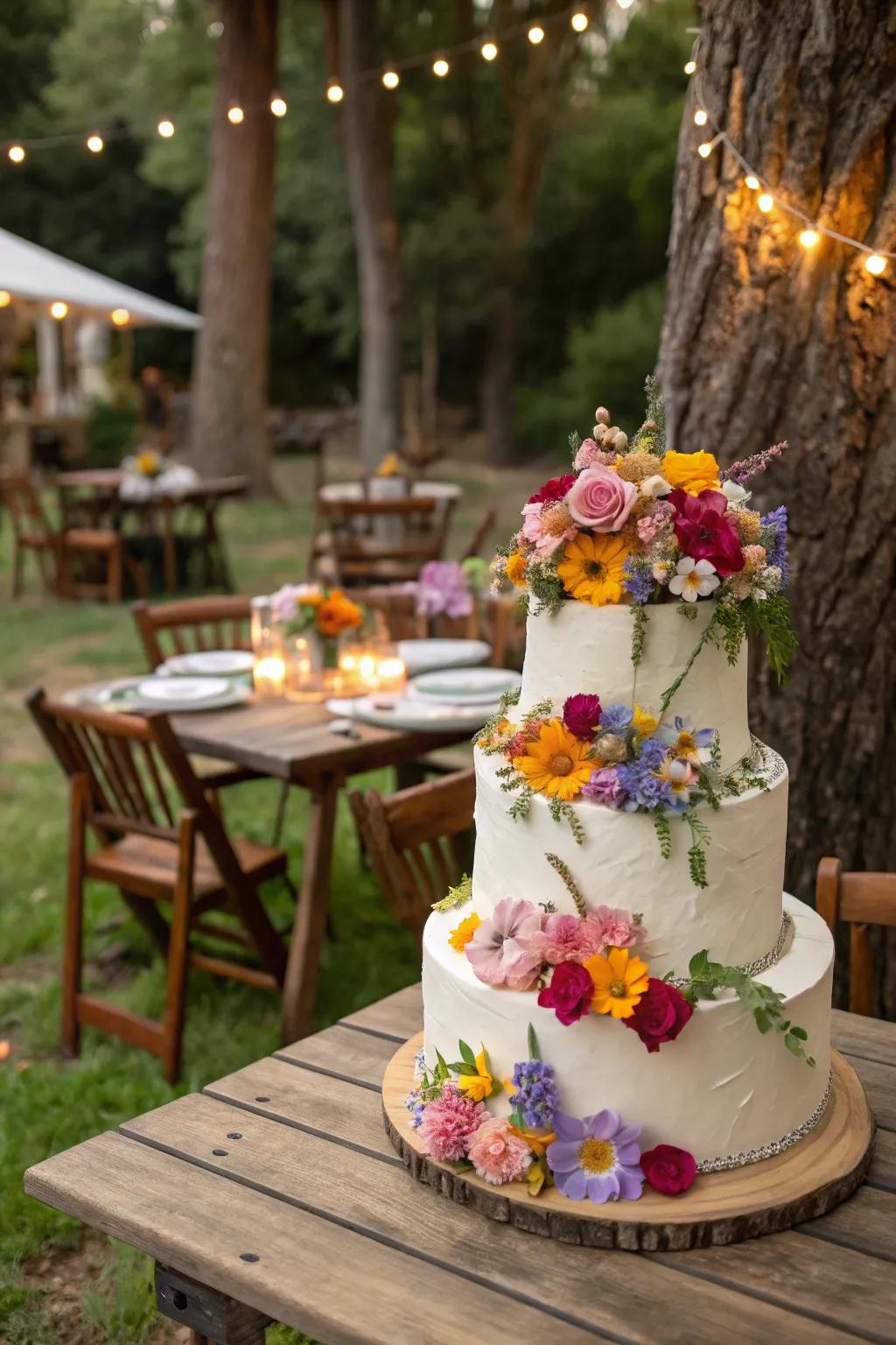 Wedding cake graced with radiant delicate floral toppings.