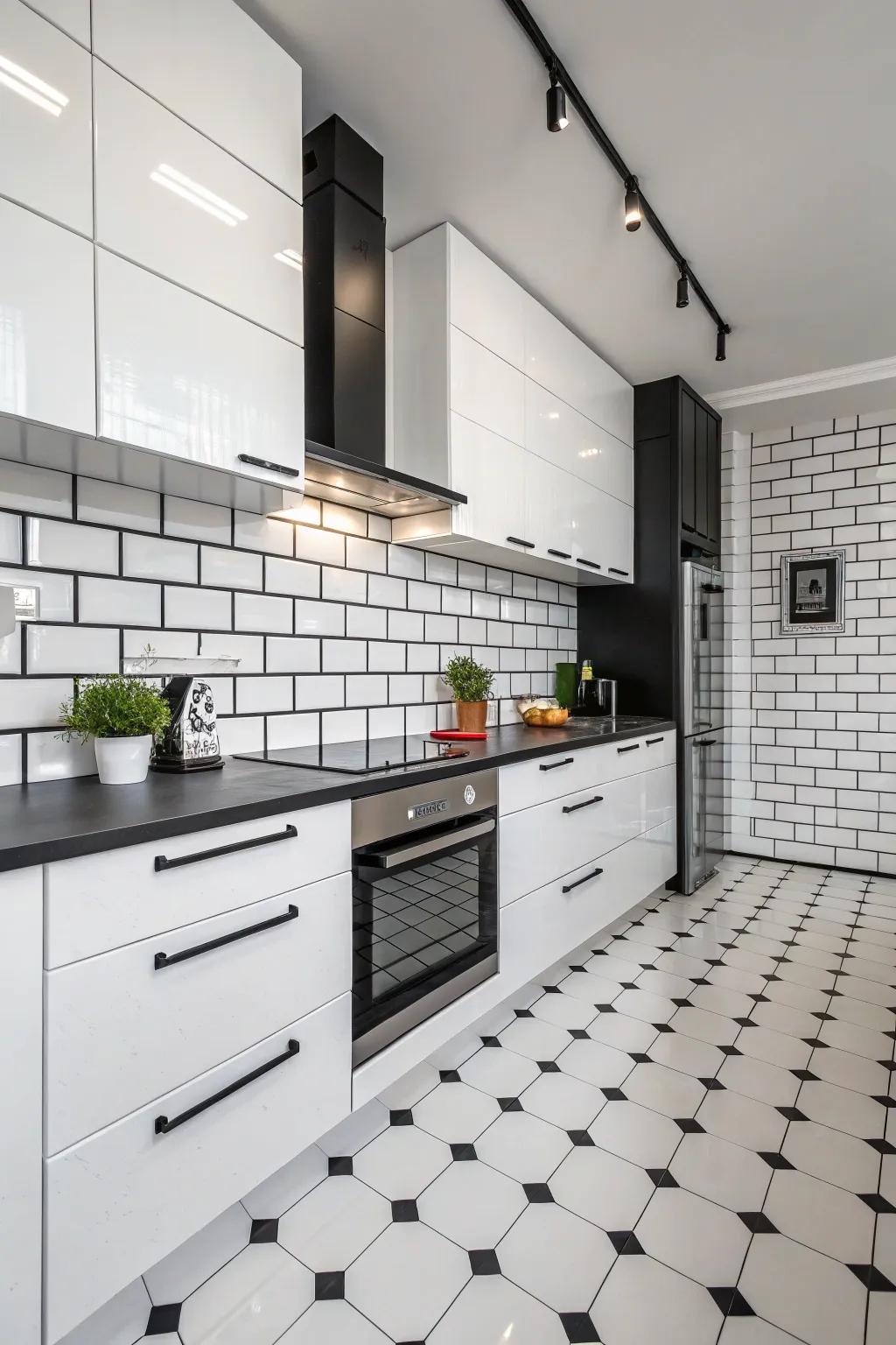 Make a bold statement by pairing onyx grout with white tiles.